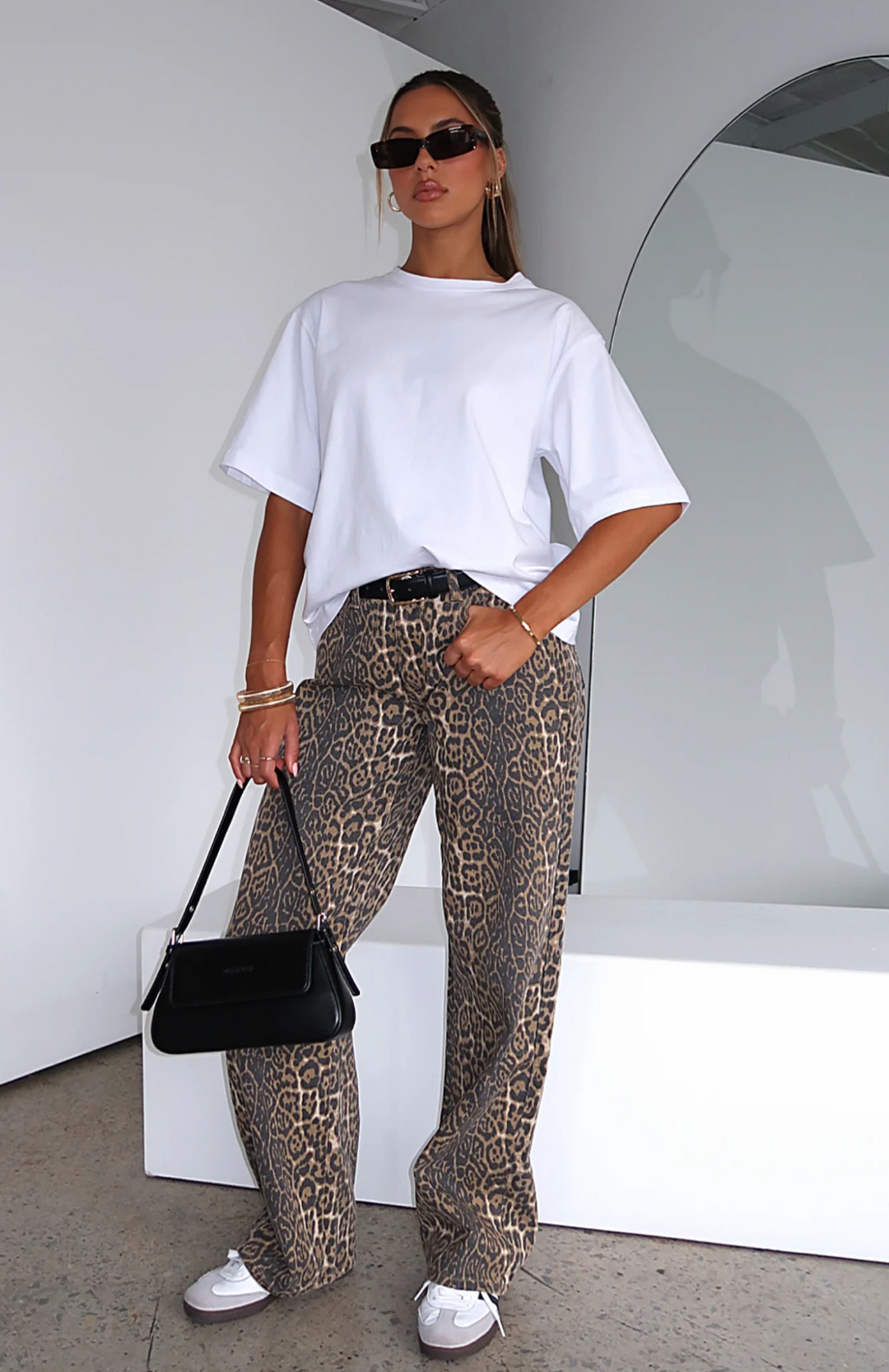 CALORA_ Leopard Low Rise Wide Leg Jeans voor Vrouw Met Rits en Knop