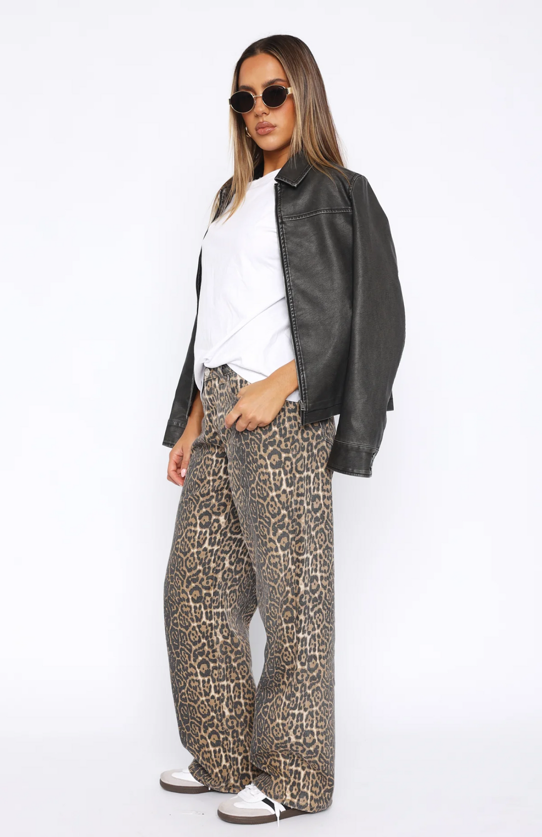 CALORA_ Leopard Low Rise Wide Leg Jeans voor Vrouw Met Rits en Knop