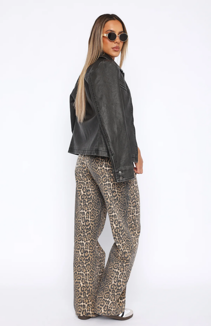 CALORA_ Leopard Low Rise Wide Leg Jeans voor Vrouw Met Rits en Knop