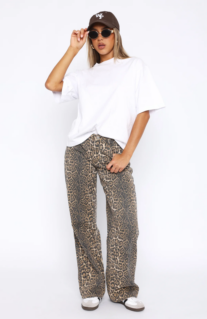 CALORA_ Leopard Low Rise Wide Leg Jeans voor Vrouw Met Rits en Knop