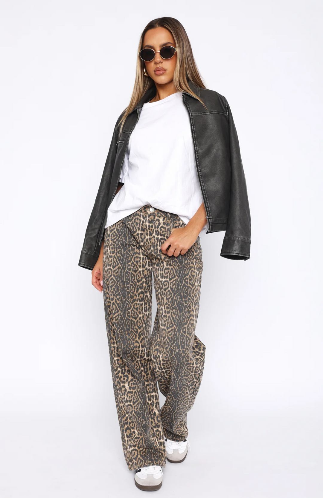 CALORA_ Leopard Low Rise Wide Leg Jeans voor Vrouw Met Rits en Knop
