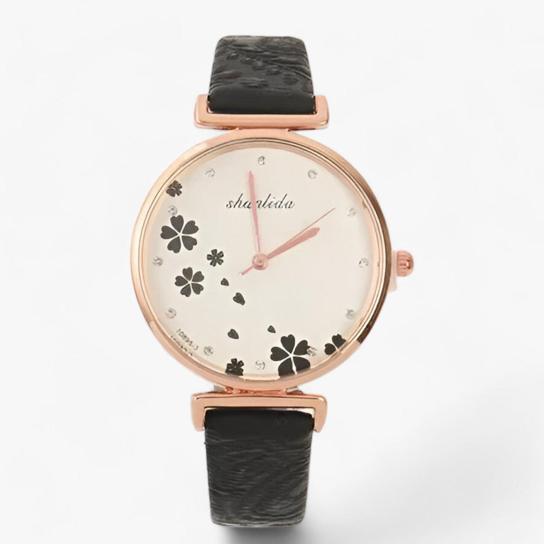 Leren band Ronde Vintage Bloemen Horloge-Horloges-Calora-Zwart-Calora