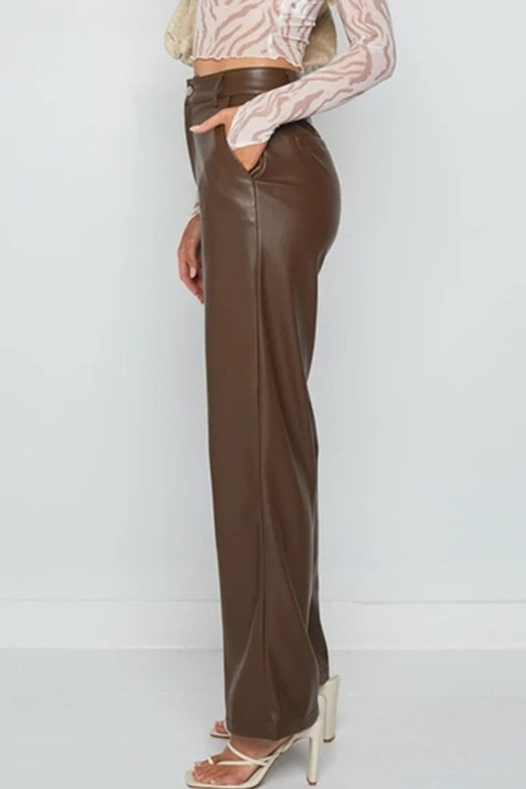 Leren broek met hoge taille en wijde pijpen-Wijde Broeken-Calora-Bruin-S-Calora