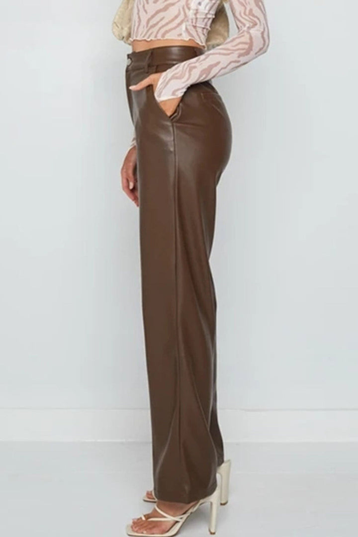Leren broek met hoge taille en wijde pijpen-Wijde Broeken-Calora-Bruin-S-Calora