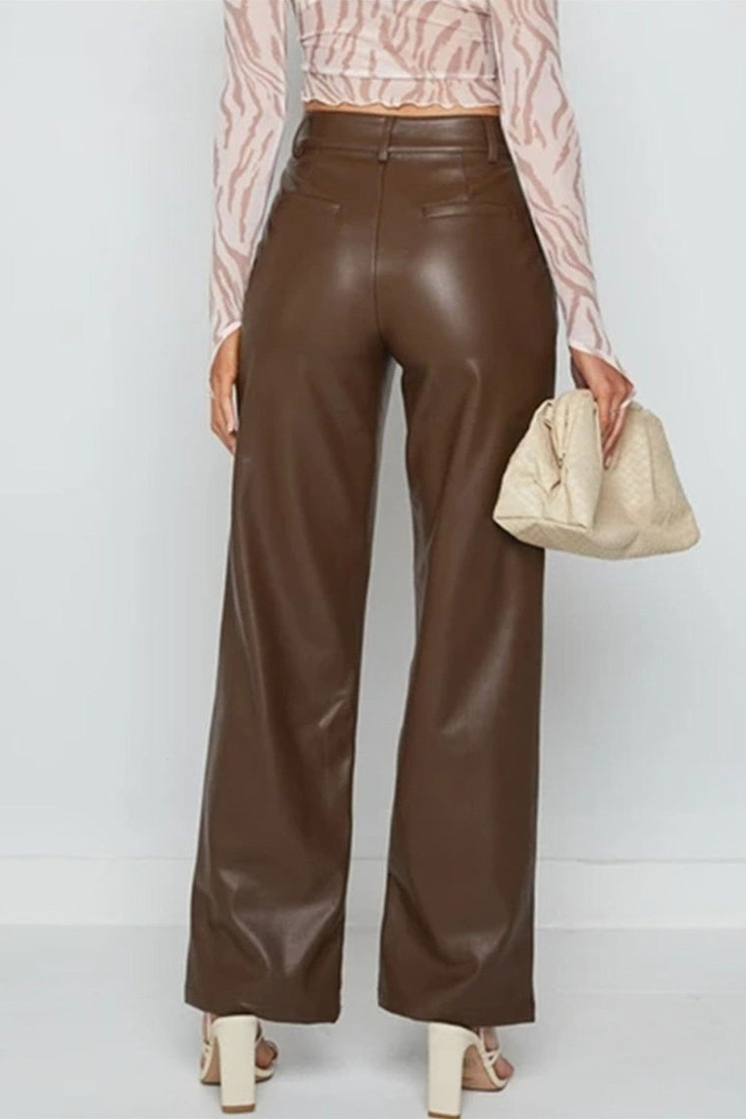 Leren broek met hoge taille en wijde pijpen-Wijde Broeken-Calora-Bruin-S-Calora