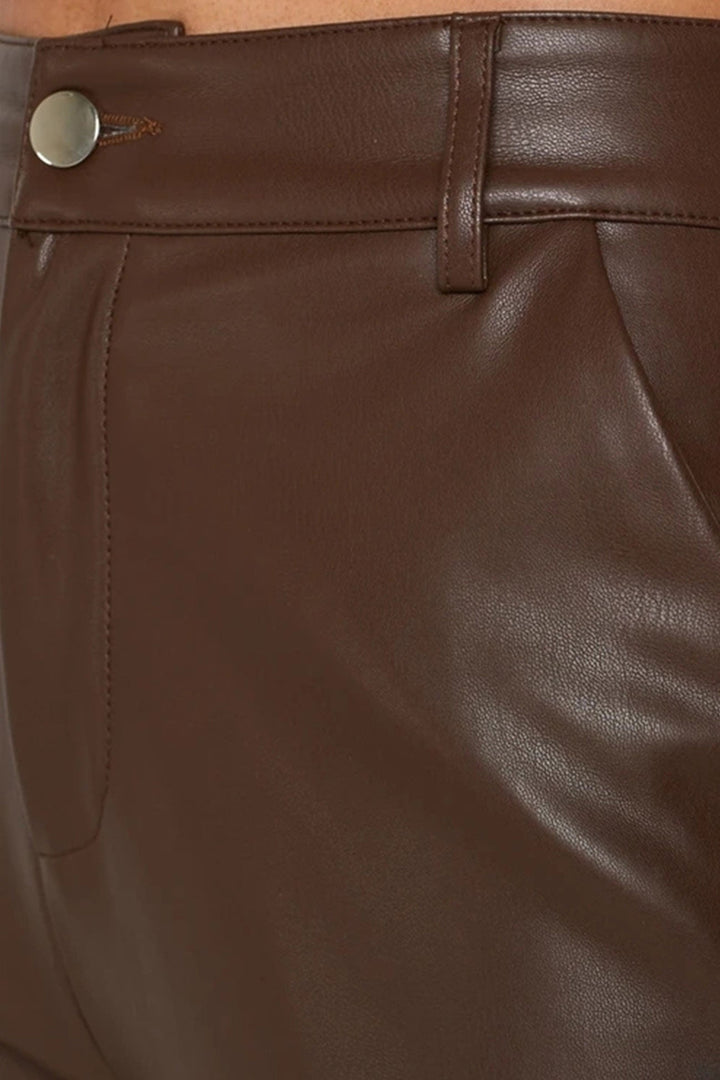 Leren broek met hoge taille en wijde pijpen-Wijde Broeken-Calora-Bruin-S-Calora