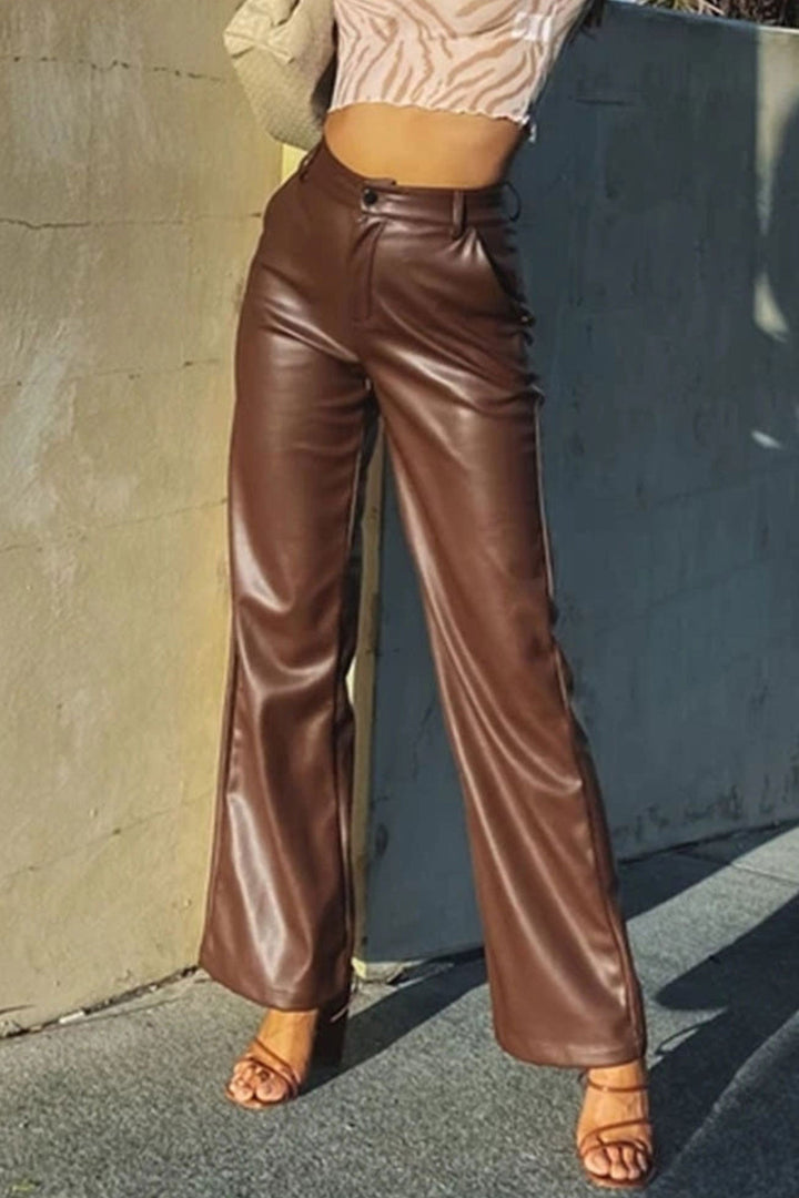 Leren broek met hoge taille en wijde pijpen-Wijde Broeken-Calora-Bruin-S-Calora