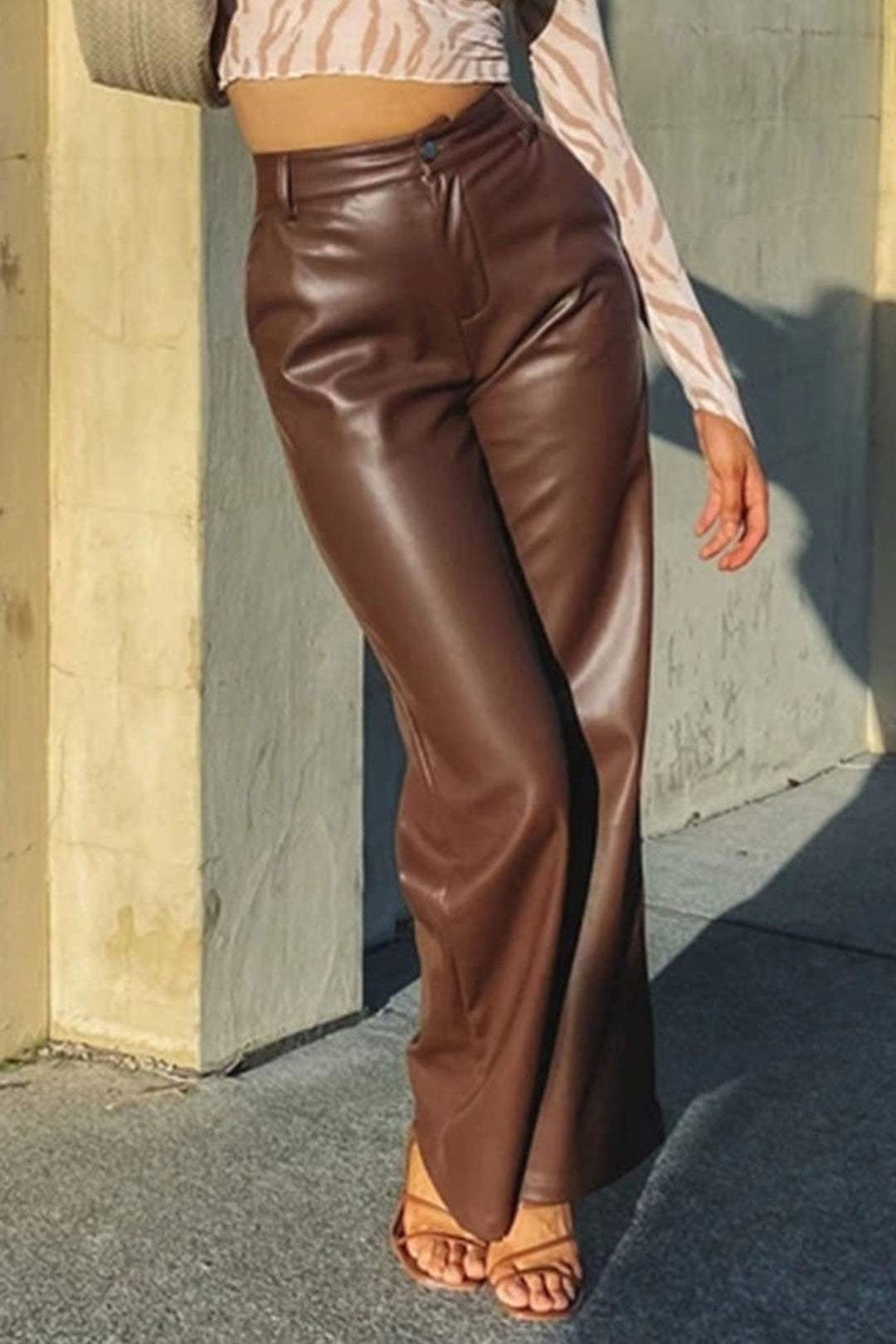Leren broek met hoge taille en wijde pijpen-Wijde Broeken-Calora-Bruin-S-Calora