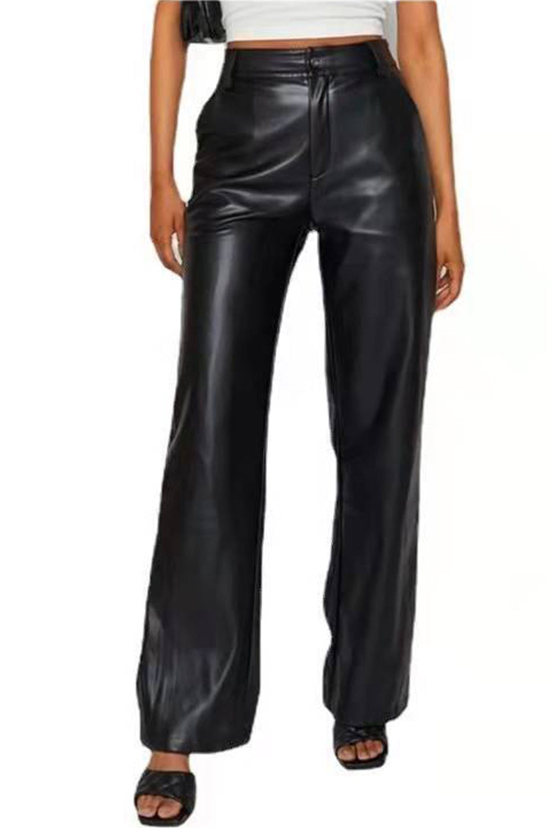 Leren broek met hoge taille en wijde pijpen-Wijde Broeken-Calora-Zwart-S-Calora