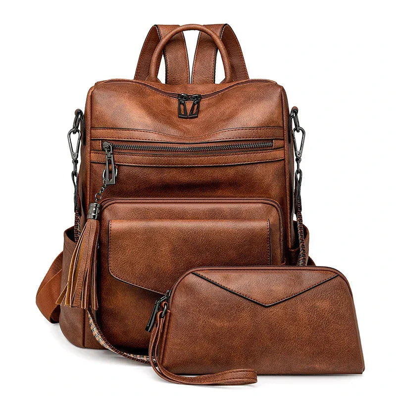 CALORA_ Leren Dames Rugzak met Extra Tas voor Kleine Voorwerpen