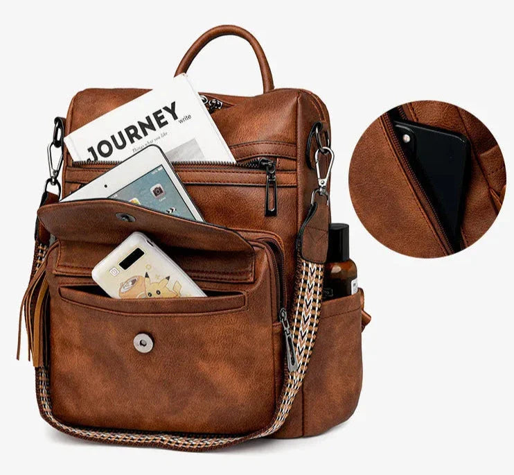 CALORA_ Leren Dames Rugzak met Extra Tas voor Kleine Voorwerpen