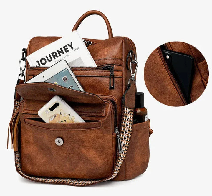 CALORA_ Leren Dames Rugzak met Extra Tas voor Kleine Voorwerpen