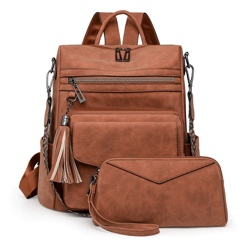 CALORA_ Leren Dames Rugzak met Extra Tas voor Kleine Voorwerpen