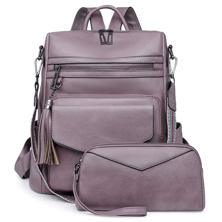 CALORA_ Leren Dames Rugzak met Extra Tas voor Kleine Voorwerpen