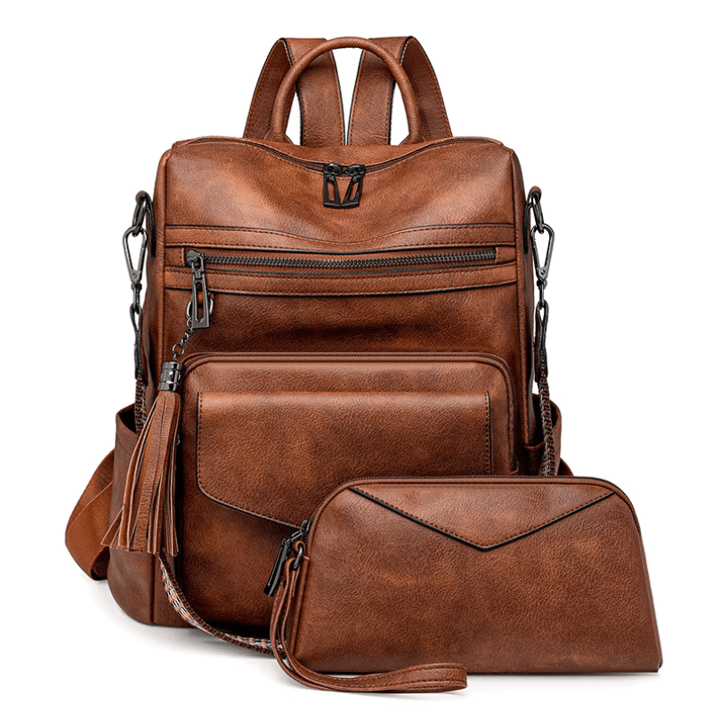 CALORA_ Leren Dames Rugzak met Extra Tas voor Kleine Voorwerpen