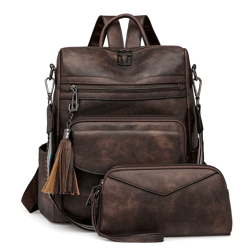 CALORA_ Leren Dames Rugzak met Extra Tas voor Kleine Voorwerpen