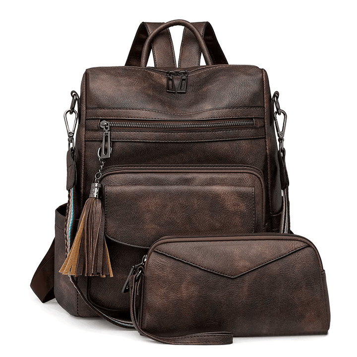 CALORA_ Leren Dames Rugzak met Extra Tas voor Kleine Voorwerpen
