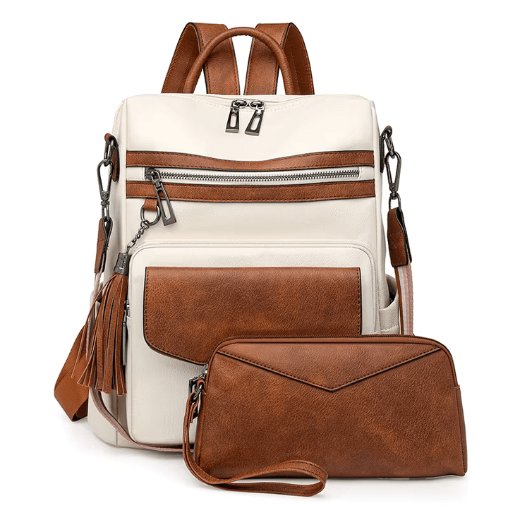CALORA_ Leren Dames Rugzak met Extra Tas voor Kleine Voorwerpen