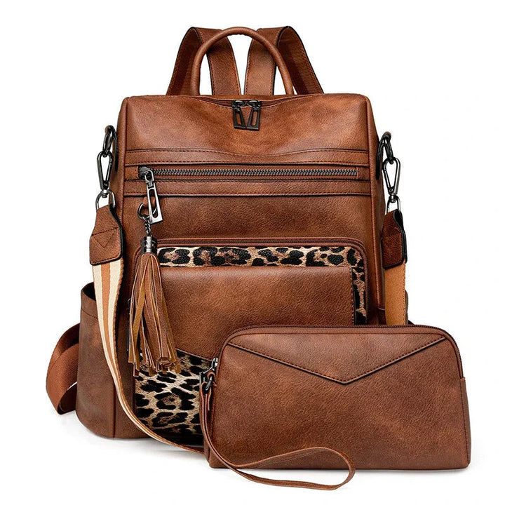 CALORA_ Leren Dames Rugzak met Extra Tas voor Kleine Voorwerpen
