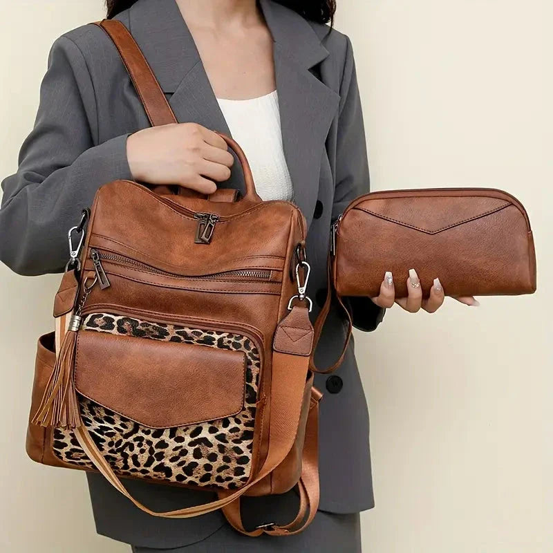 CALORA_ Leren Dames Rugzak met Extra Tas voor Kleine Voorwerpen