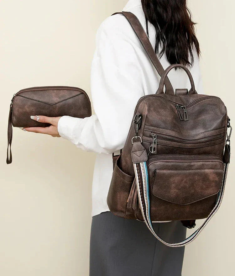 CALORA_ Leren Dames Rugzak met Extra Tas voor Kleine Voorwerpen