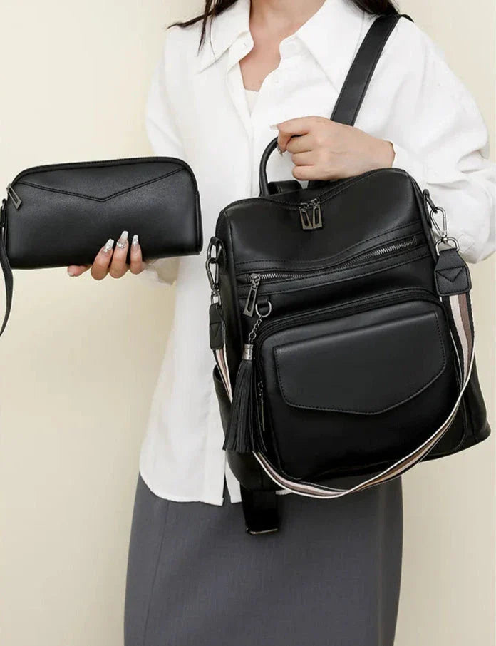 CALORA_ Leren Dames Rugzak met Extra Tas voor Kleine Voorwerpen