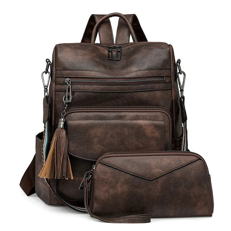 CALORA_ Leren Dames Rugzak met Extra Tas voor Kleine Voorwerpen
