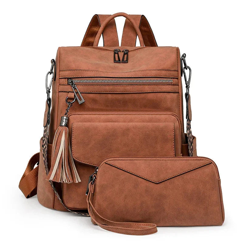 CALORA_ Leren Dames Rugzak met Extra Tas voor Kleine Voorwerpen