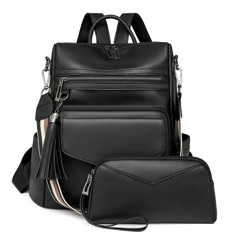 CALORA_ Leren Dames Rugzak met Extra Tas voor Kleine Voorwerpen