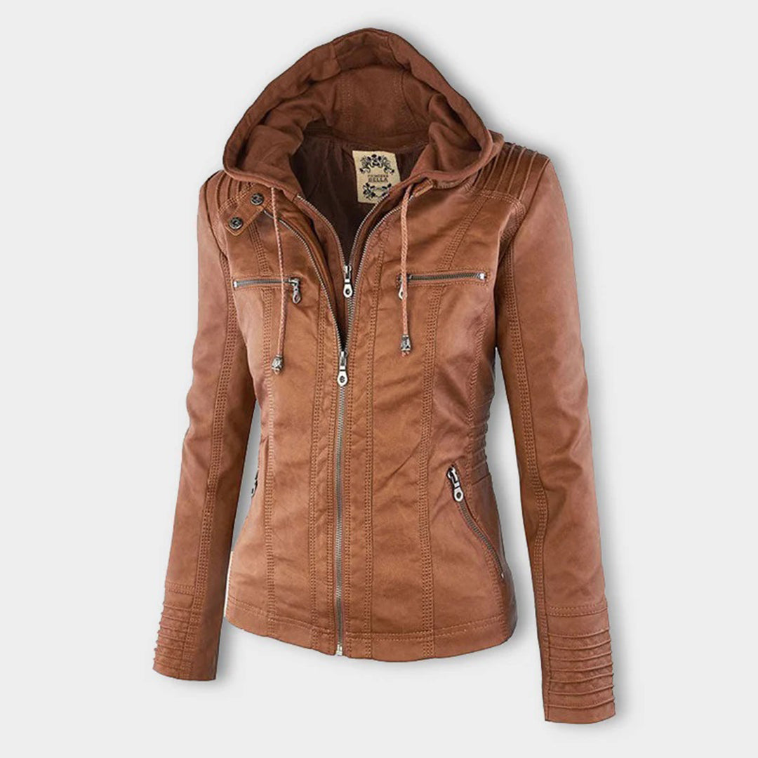 CALORA_ Leren Overgangsjas met capuchon voor dames
