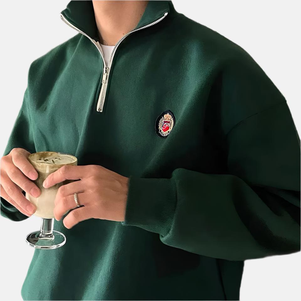 CALORA_ Lichtgrijze Varsity Sweatshirt met Halve Rits en Borduursel
