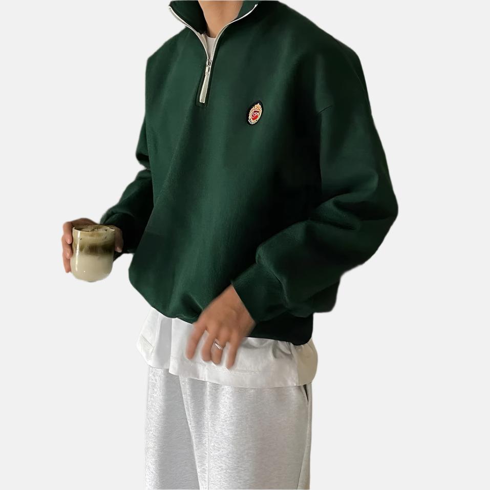 CALORA_ Lichtgrijze Varsity Sweatshirt met Halve Rits en Borduursel