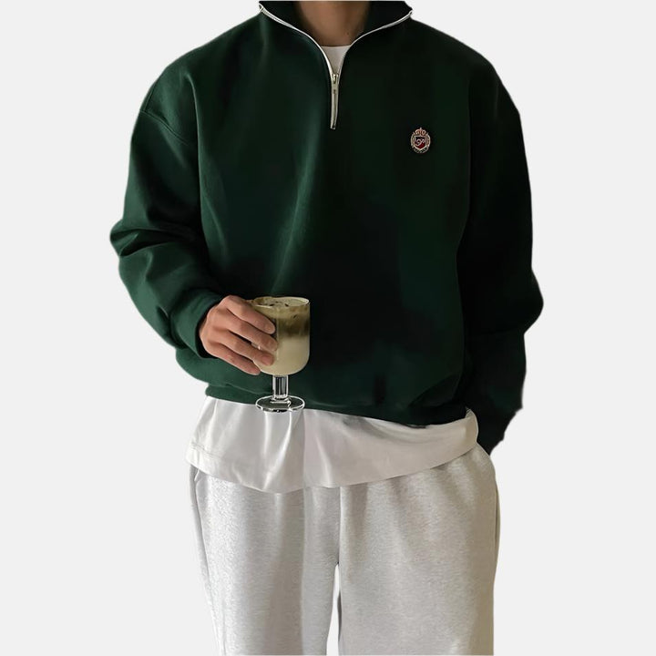 CALORA_ Lichtgrijze Varsity Sweatshirt met Halve Rits en Borduursel