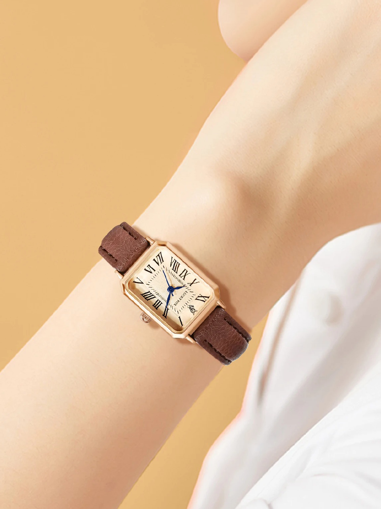 CALORA_ Lijoux Leren Dames Horloge met Vierkante Kast - Goud en Bruin