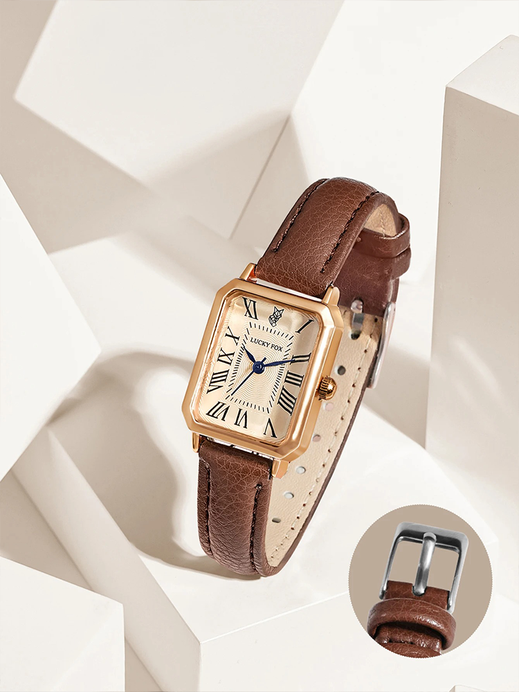 CALORA_ Lijoux Leren Dames Horloge met Vierkante Kast - Goud en Bruin