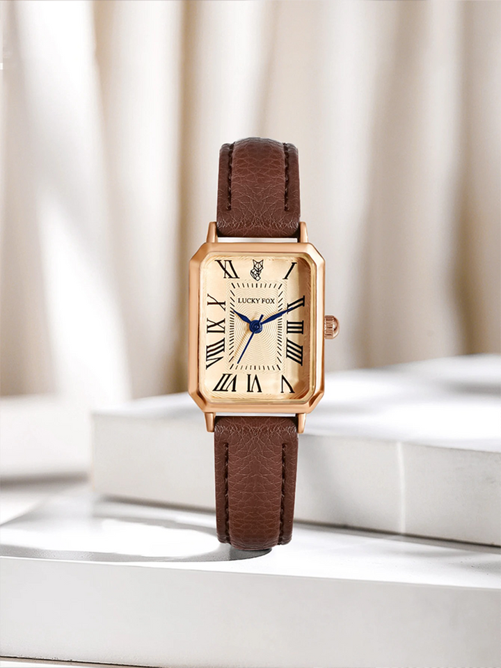 CALORA_ Lijoux Leren Dames Horloge met Vierkante Kast - Goud en Bruin