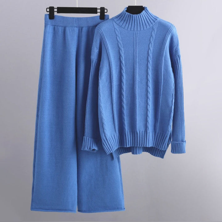 Linn | Set van coltrui en wijde gebreide broek voor dames-Sets & Pakken-Calora-Blauw-S-Calora