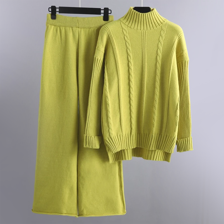 Linn | Set van coltrui en wijde gebreide broek voor dames-Sets & Pakken-Calora-Groen-S-Calora
