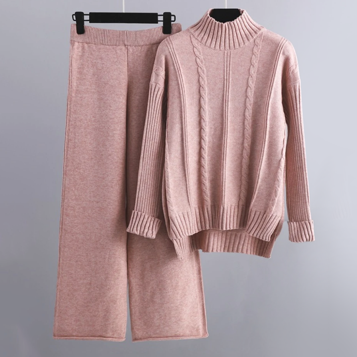 Linn | Set van coltrui en wijde gebreide broek voor dames-Sets & Pakken-Calora-Roze-S-Calora