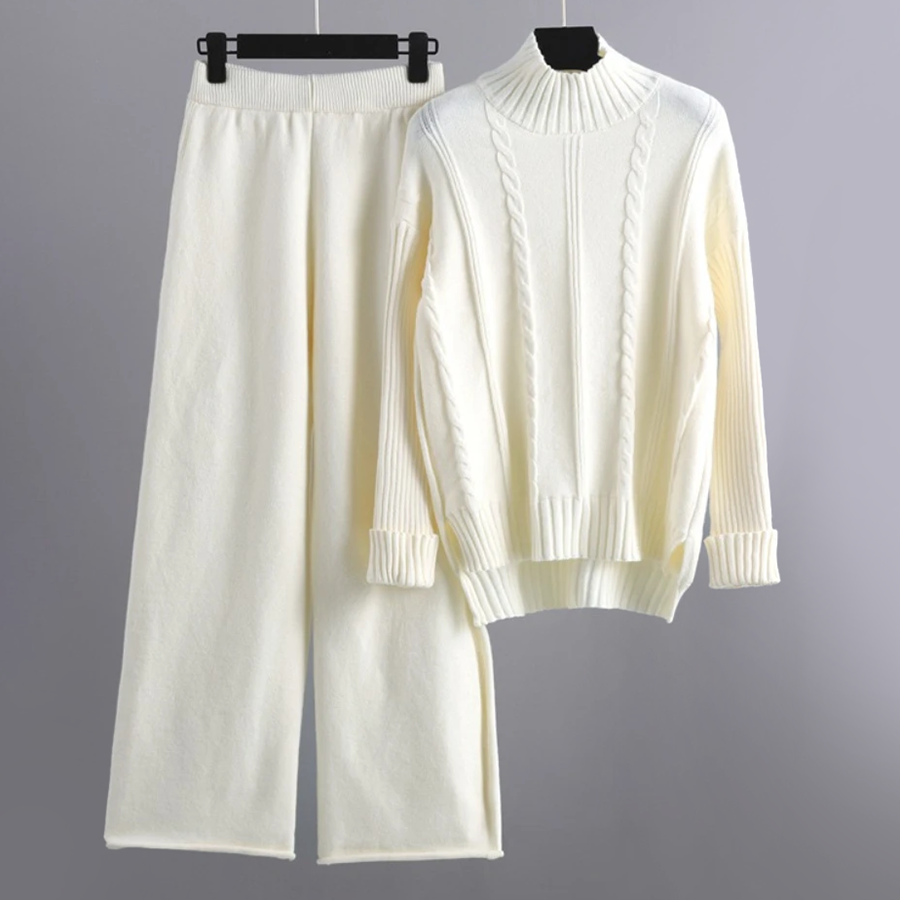 Linn | Set van coltrui en wijde gebreide broek voor dames-Sets & Pakken-Calora-Wit-S-Calora