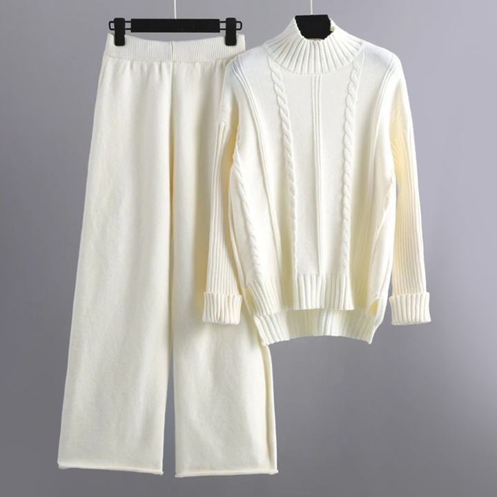 Linn | Set van coltrui en wijde gebreide broek voor dames-Sets & Pakken-Calora-Wit-S-Calora