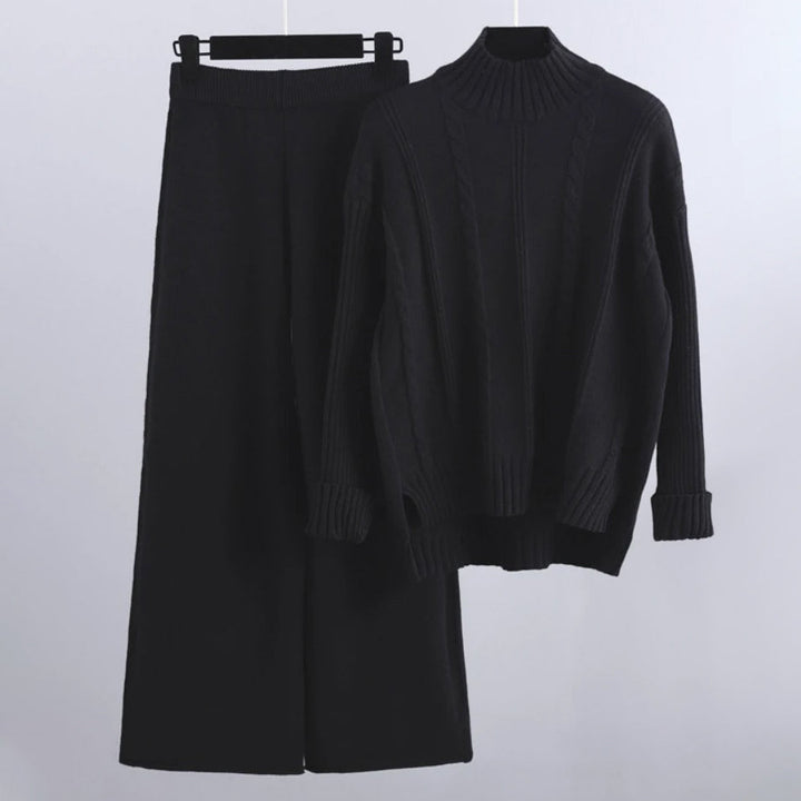 Linn | Set van coltrui en wijde gebreide broek voor dames-Sets & Pakken-Calora-Zwart-S-Calora