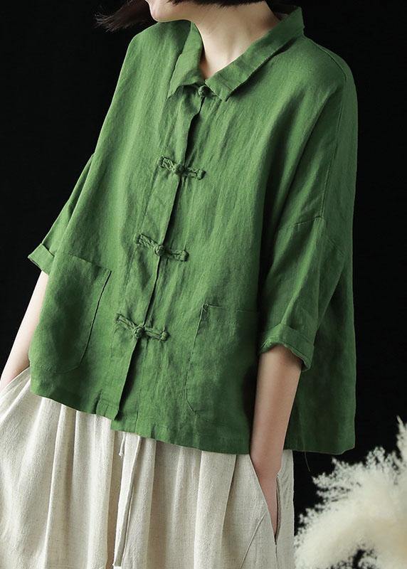Linnen Blouse met Peter Pan Kraag en Zakken-Blouses-Calora-Groen-S-Calora