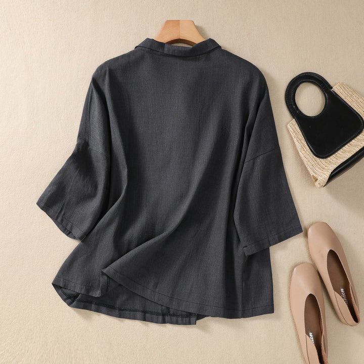 Linnen Blouse met Peter Pan Kraag en Zakken-Blouses-Calora-Groen-S-Calora