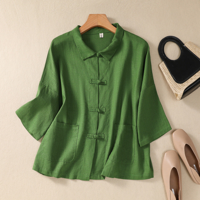 Linnen Blouse met Peter Pan Kraag en Zakken-Blouses-Calora-Groen-S-Calora