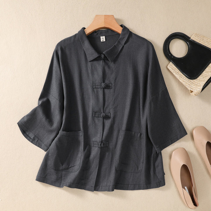 Linnen Blouse met Peter Pan Kraag en Zakken-Blouses-Calora-Groen-S-Calora