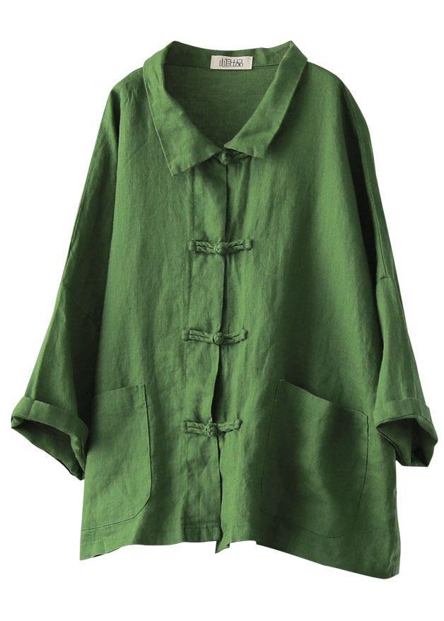 Linnen Blouse met Peter Pan Kraag en Zakken-Blouses-Calora-Groen-S-Calora
