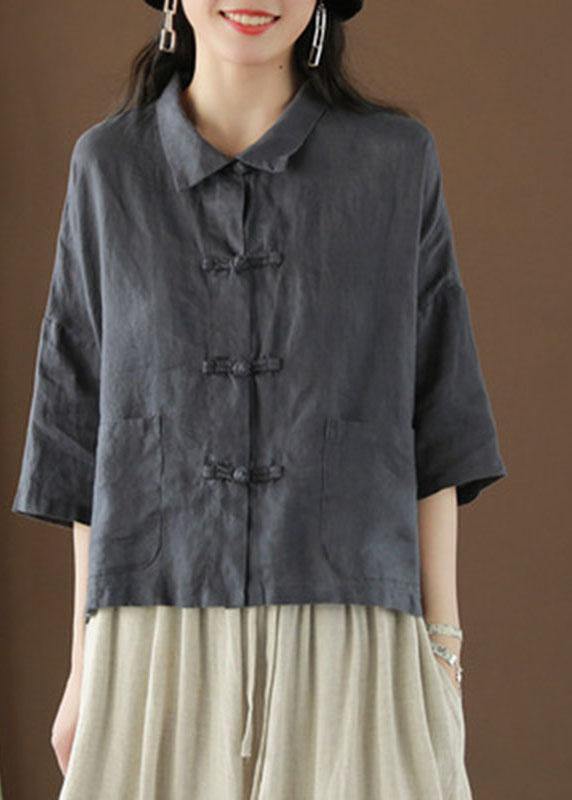 Linnen Blouse met Peter Pan Kraag en Zakken-Blouses-Calora-Zwart-S-Calora