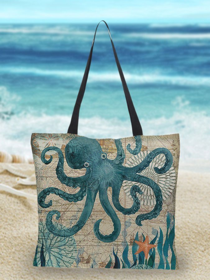 Linnen Strandtas Met Zeeprint-Handtassen-Calora-Octopus-Calora