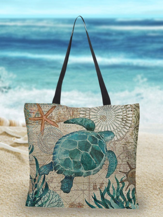 Linnen Strandtas Met Zeeprint-Handtassen-Calora-Schildpad-Calora